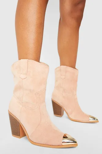 Womens Wide Fit Toe Cap Detail Western Cowboy Boots - Beige - 4, Beige