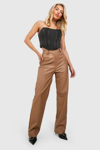 Womens Wide Leg Leather Look Trousers - Brown - 6, Brown