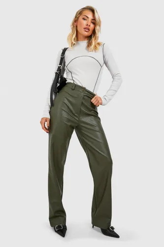 Womens Wide Leg Leather Look Trousers - Green - 6, Green