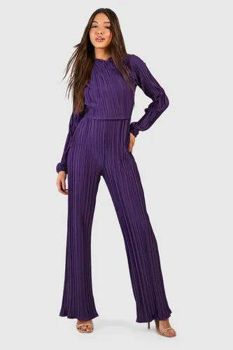Womens Wide Plisse Drape Neck Wide Leg Jumpsuit - Purple - 8, Purple