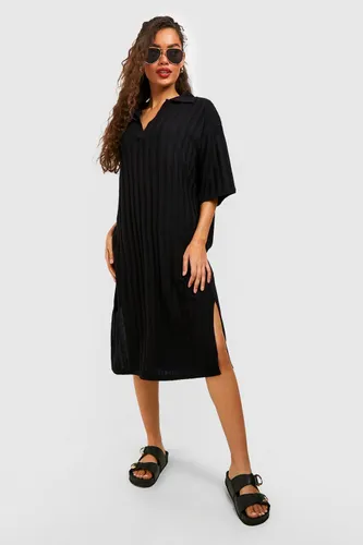 Womens Wide Rib Collared Knitted Dress - Black - Xs, Black
