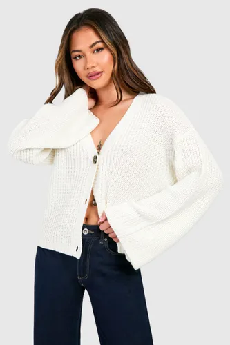 Womens Wide Sleeve Fisherman Knit Button Through Cardigan - White - L, White