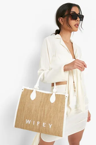 Womens Wifey Straw Beach Bag - White - One Size, White