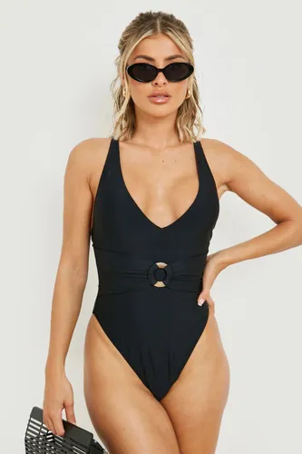 Womens Wooden O-Ring Belted Swimsuit - Black - 6, Black
