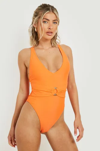 Womens Wooden O-Ring Belted Swimsuit - Orange - 6, Orange