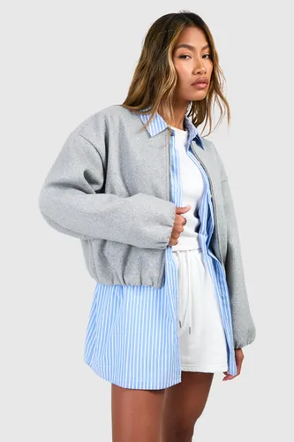 Womens Wool Look Cropped Bomber Jacket - Grey - 16, Grey