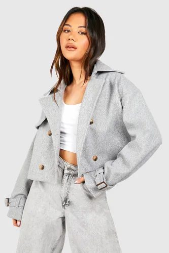 Womens Wool Look Cropped Trench Coat - Grey - 10, Grey