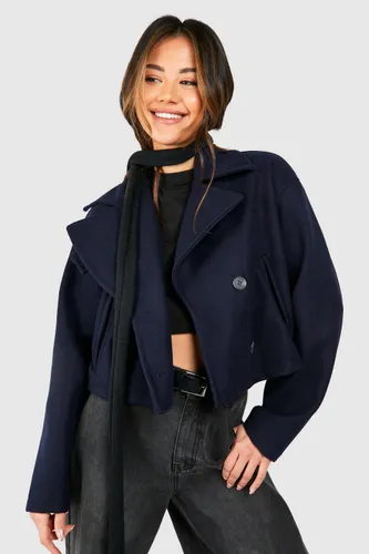 Womens Wool Look Cropped Trench Coat - Navy - 8, Navy