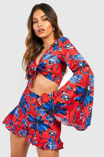 Womens Woven Floral Flared Sleeve Crop & Flippy Shorts - 10, Red