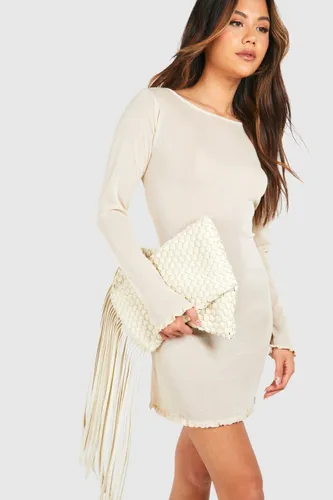 Womens Woven Fringe Edge Clutch Bag - White - One Size, White