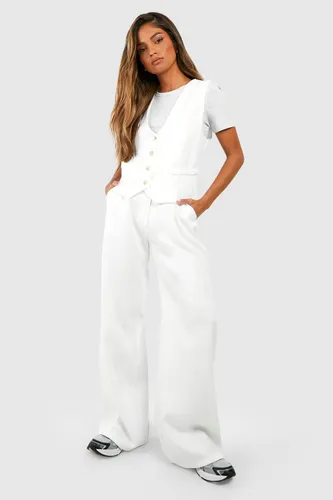 Womens Woven Textured Linen Look Wide Leg Tailored Trousers - White - 14, White