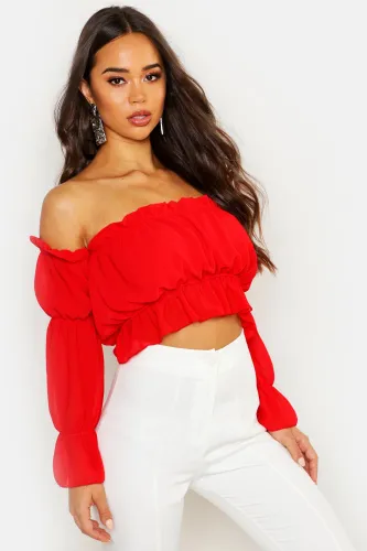 Womens Woven Volume Sleeve Ruched Bardot Top - Red - 6, Red