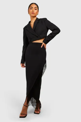 Womens Wrap Front Tassel Hem Midaxi Skirt - Black - 6, Black