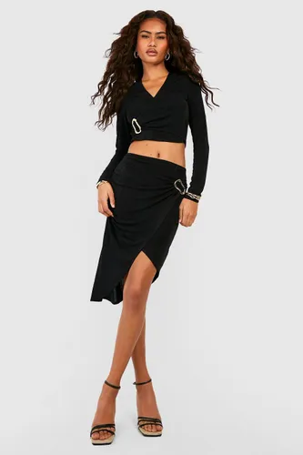 Womens Wrap Over Metal Ring Midi Skirt - Black - 10, Black