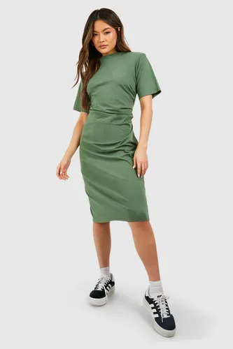 Womens Wrap Ruching Cotton Midi Shoulder Pad T-Shirt Dress - Green - 8, Green