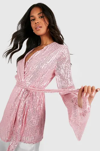 Womens Wrap Sequin Flare Sleeve Blouse - Pink - 6, Pink