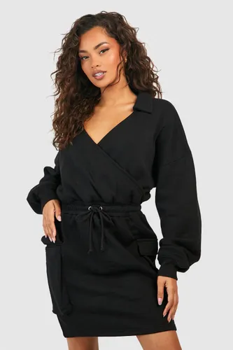 Womens Wrap Tie Waist Cargo Pocket Sweat Dress - Black - 8, Black