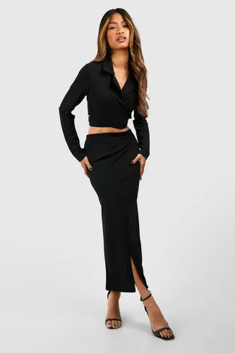 Womens Wrap Waist Crop Blazer & Split Front Midaxi Skirt - Black - 10, Black