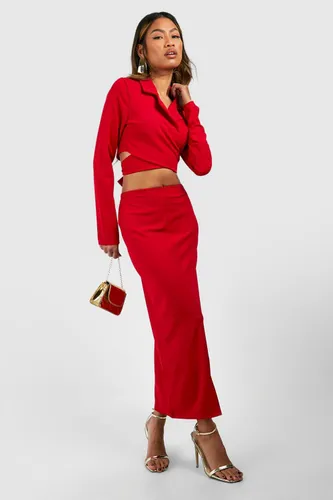 Womens Wrap Waist Crop Blazer & Split Front Midaxi Skirt - Red - 6, Red