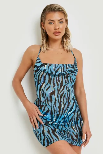 Womens Zebra Chiffon Cowl Neck Beach Mini Dress - Blue - Xs, Blue