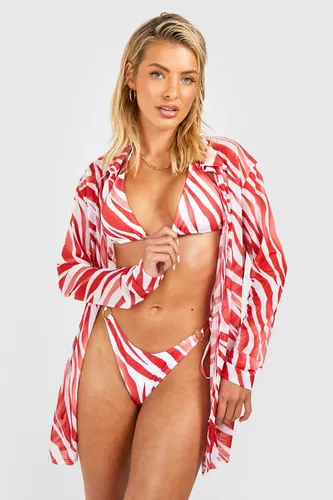 Womens Zebra Cover-Up Beach Shirt - Red - S, Red