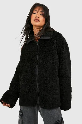 Womens Zip Detail Faux Fur Teddy Jacket - Black - 16, Black