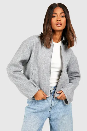 Womens Zip Detail Wool Look Bomber Jacket - Grey - 14, Grey