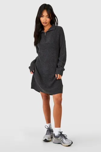 Womens Zip Neck Knitted Mini Jumper Dress - Grey - S, Grey