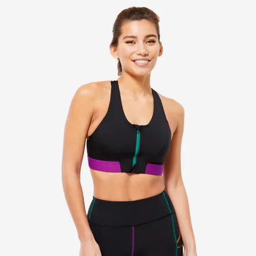 Women's Zip-up Medium Support Sports Bra - Black. Purple & Pine Blue