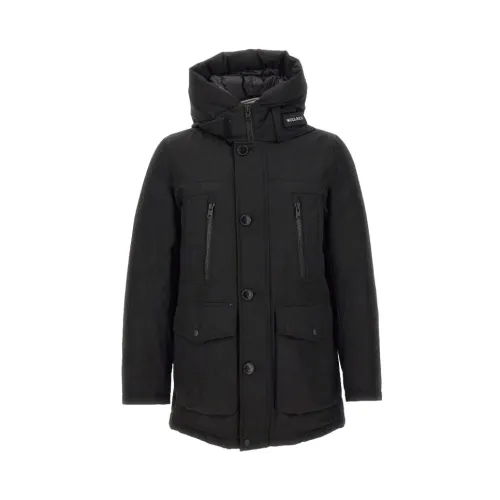 Woolrich , Black Coats with Hood and Logo Patch ,Black male, Sizes: