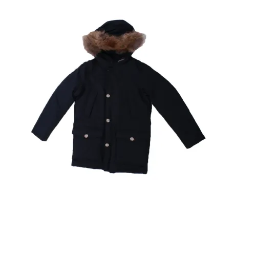 Woolrich , Blue Hooded Coat with Fur Trim ,Blue male, Sizes: