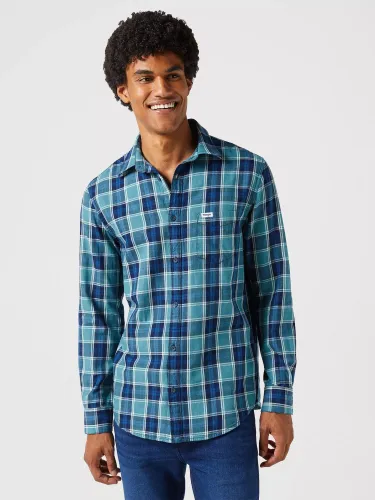 Wrangler Long Sleeve One Pocket Check Shirt - Hydro Indigo - Male