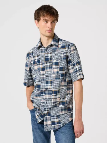 Wrangler Short Sleeve One Pocket Shirt, Blue Patchwork - Blue Patchwork - Male