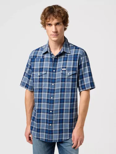 Wrangler Western Short Sleeve Check Shirt, Light Blue Indigo - Light Blue Indigo - Male