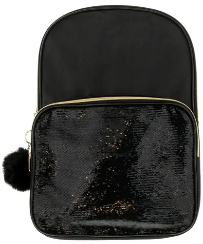 Wynsors Unisex Womens Large Backpack Sequin Pocket Pom Pom Zip Fastening black Canvas - One Size