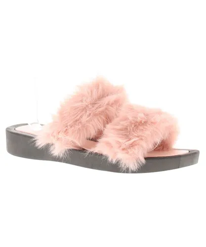 Wynsors Womens Wedge Sliders Sandals Faux Fur Pansy pink Textile
