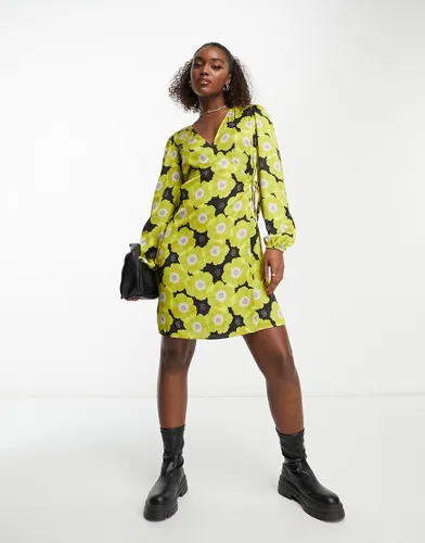 Y. A.S becca long sleeve wrap dress in yellow and black print-Multi