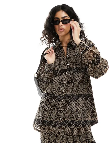 Y. A.S broderie oversized shirt co-ord in black and deep beige-Multi