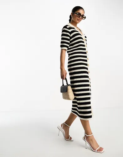 Y. A.S crochet button through midi dress in mono stripe-Black