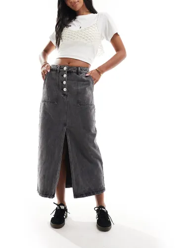 Y. A.S denim midi skirt with split front and jewel buttons in washed black