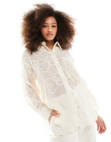 Y. A.S oversized shirt with textured flower detail in cream-White