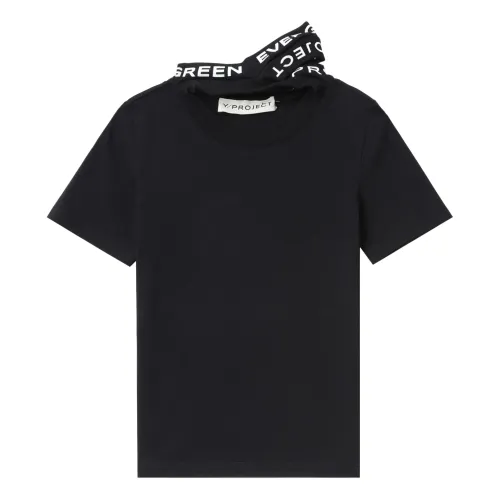 Y/Project , Logo-Print Triple-Collar T-Shirt ,Black female, Sizes: