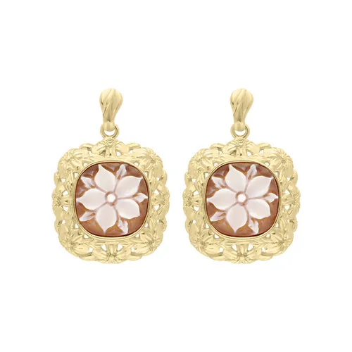 Yellow Gold Plated Sterling Silver Cameo Floral Framed Cushion Drop Earrings D