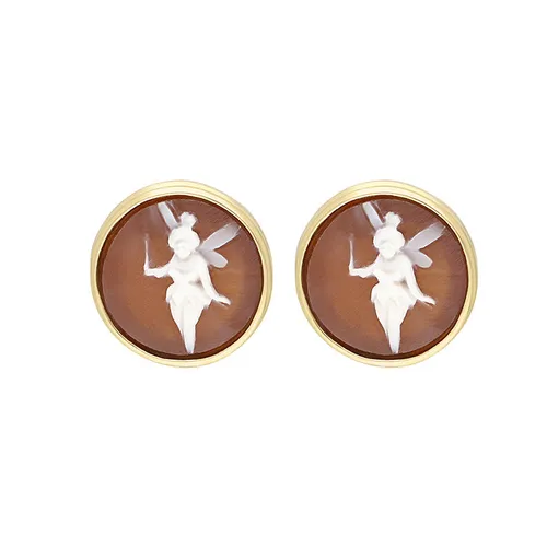 Yellow Gold Plated Sterling Silver Cameo Round Fairy Stud Earrings D