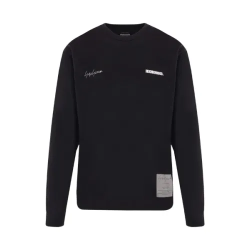 Yohji Yamamoto , Black Cotton Jersey Sweater with Neighborhood Logo Print ,Black male, Sizes: