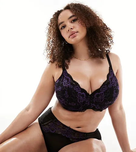Yours contrast lace padded bra in black and purple-Multi