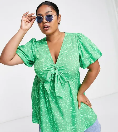 Yours tie front polka dot short sleeve top in green