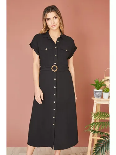 Yumi Button Through Midi Shirt Dress, Black - Black - Female