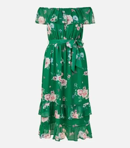 Yumi Green Floral Bardot Belted Midi Dress New Look