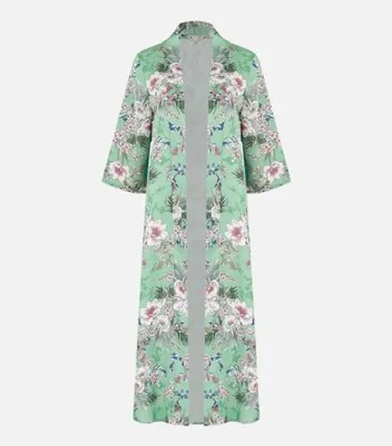 Yumi Green Tropical Print Long Kimono New Look